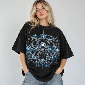 Model wearing black Chrome Spider Star oversized tee with cargo pants