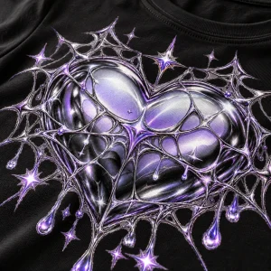 Close-up of chrome-look heart highlights and angular web strands