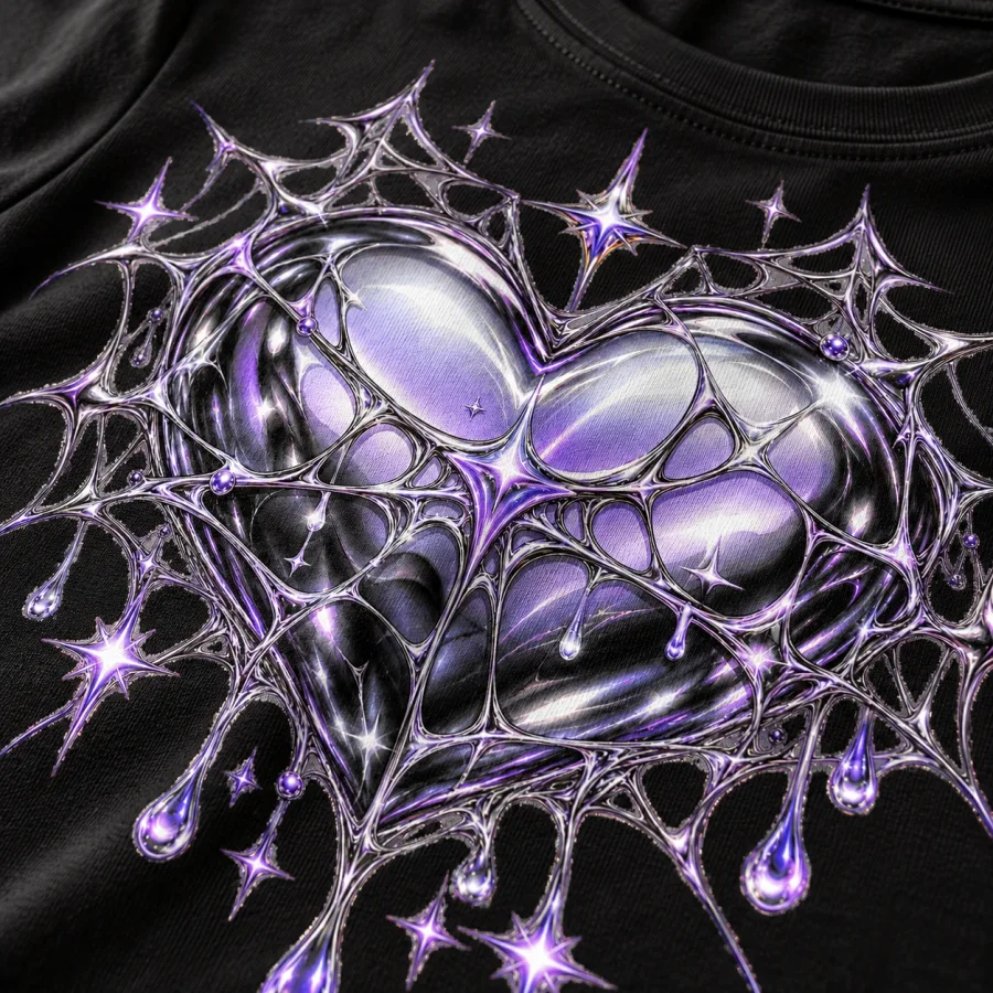 Close-up of chrome-look heart highlights and angular web strands