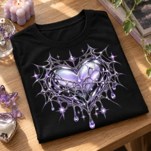 Folded black Chrome Web Heart tee showing the silver heart print