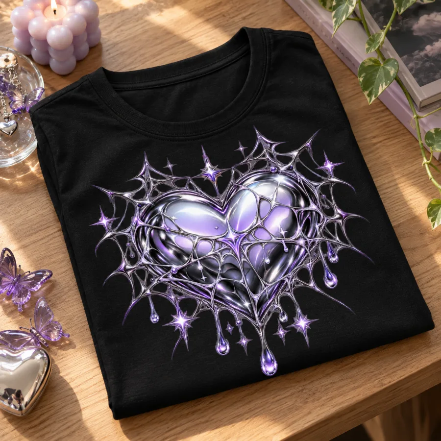 Folded black Chrome Web Heart tee showing the silver heart print