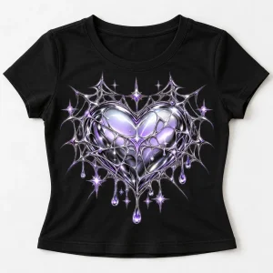 Front flat lay of black Chrome Web Heart Y2K spider web baby tee