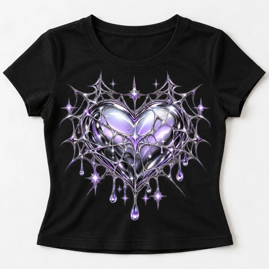 Front flat lay of black Chrome Web Heart Y2K spider web baby tee
