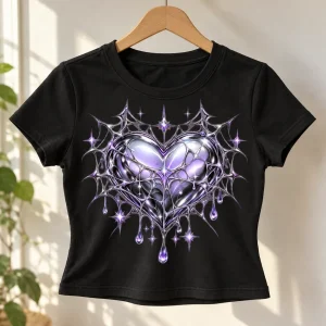 Black Chrome Web Heart baby tee on a clear acrylic hanger