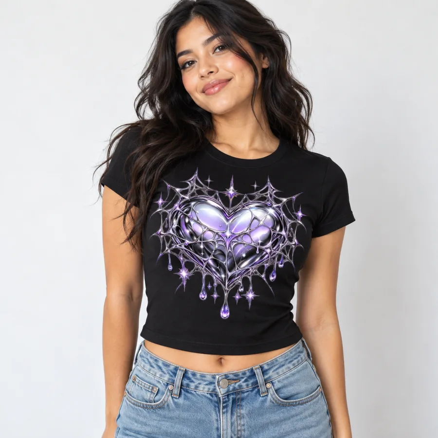 Woman wearing black Chrome Web Heart baby tee with low-rise jeans