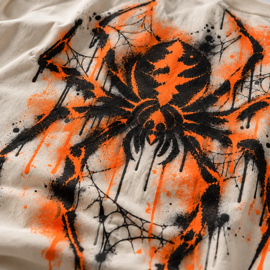 Close-up of black stencil marks and safety-orange paint drips on the sleeve