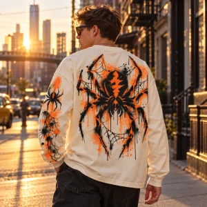 Person in Concrete Crawler long sleeve standing by a painted wall in an alley