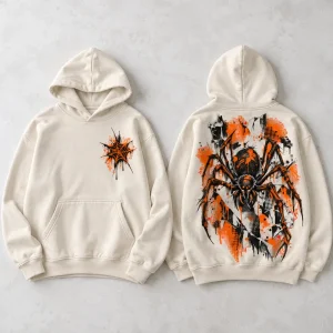Front flat lay of bone Concrete Spider Hoodie with small spray-style chest web