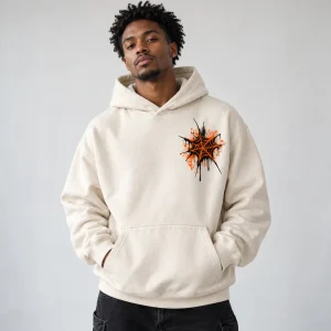 Model wearing bone Concrete Spider Hoodie with the hood down