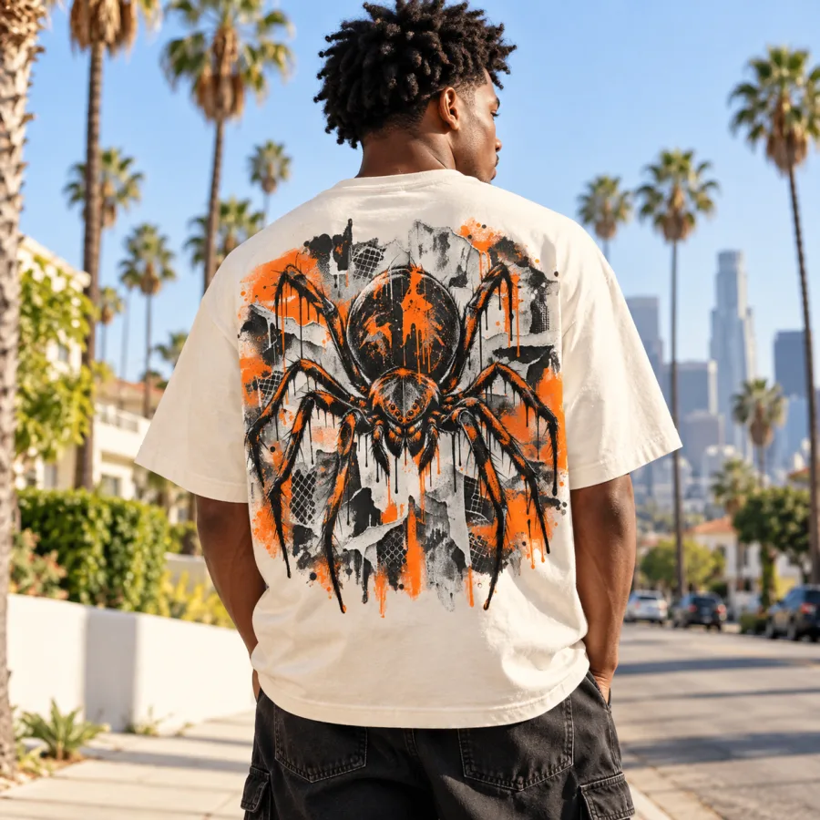 Back view of Bone oversized Concrete Spider graffiti spider shirt showing the large black gray and orange print