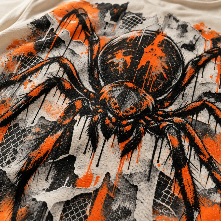 Close-up of Concrete Spider print showing cotton texture black gray and safety-orange ink details