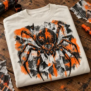 Folded Bone oversized Concrete Spider graffiti spider shirt on a wooden table with the graphic visible