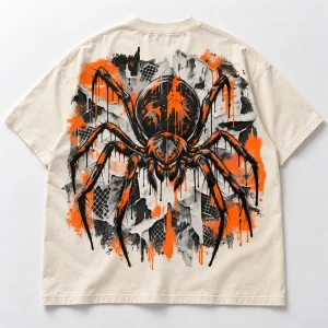 Front flat lay of Bone oversized heavyweight Concrete Spider graffiti spider shirt on a light studio surface