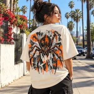 Lifestyle view of Bone oversized Concrete Spider graffiti spider shirt worn outdoors in a bright Los Angeles neighborhood