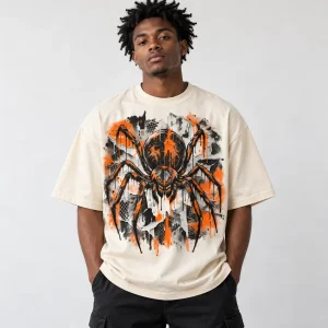 Black male model wearing Bone oversized heavyweight Concrete Spider graffiti spider shirt in a studio