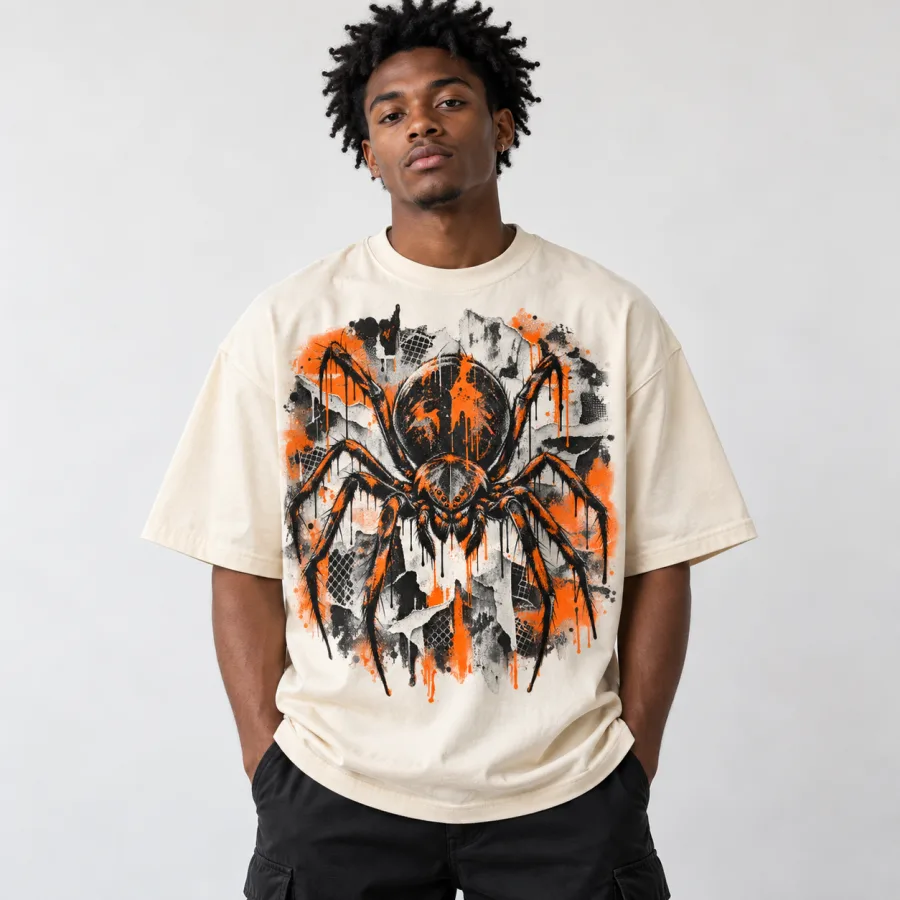 Black male model wearing Bone oversized heavyweight Concrete Spider graffiti spider shirt in a studio