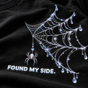 Close-up of the tiny spider and white web strands on black cotton