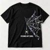Front flat lay of black Connected Web Left spider couple shirt with white half web