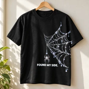 Black Connected Web Left couple tee on a wooden hanger