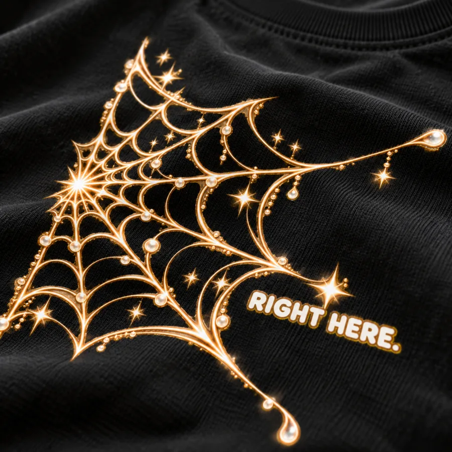 Close-up of the tiny star and white web strands on black cotton
