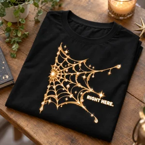 Folded black Connected Web Right shirt showing the RIGHT HERE text