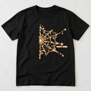 Front flat lay of black Connected Web Right matching spider web couple shirt