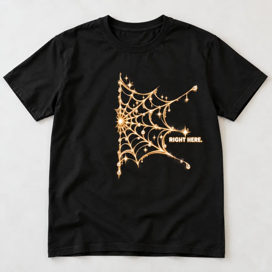 Front flat lay of black Connected Web Right matching spider web couple shirt