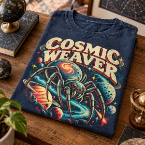 Folded faded navy Cosmic Weaver Magazine shirt showing the masthead
