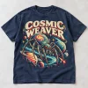 Front flat lay of faded navy Cosmic Weaver Magazine retro sci fi spider shirt