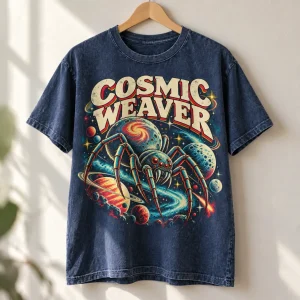 Faded navy Cosmic Weaver Magazine tee on a wooden hanger