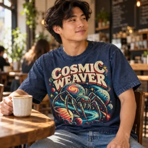 Woman in Cosmic Weaver Magazine spider shirt browsing a used bookstore sci-fi shelf