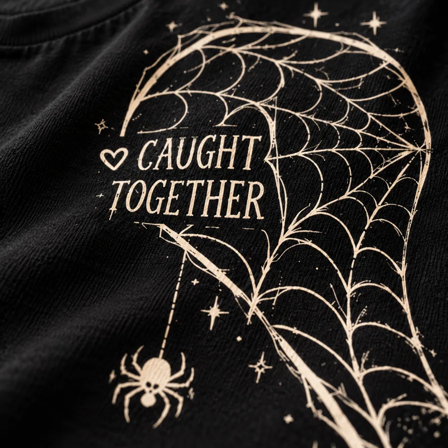 Close-up of cream half-heart spider web and CAUGHT TOGETHER print on black cotton tee fabric
