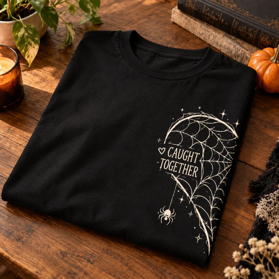 Folded black Couple Web Left tee on wooden table with cream CAUGHT TOGETHER spider web print visible