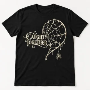 Front flat lay of black Couple Web Left unisex tee with cream half-heart spider web and CAUGHT TOGETHER print