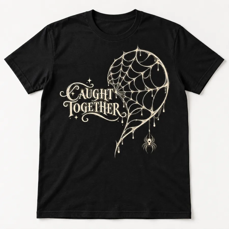 Front flat lay of black Couple Web Left unisex tee with cream half-heart spider web and CAUGHT TOGETHER print