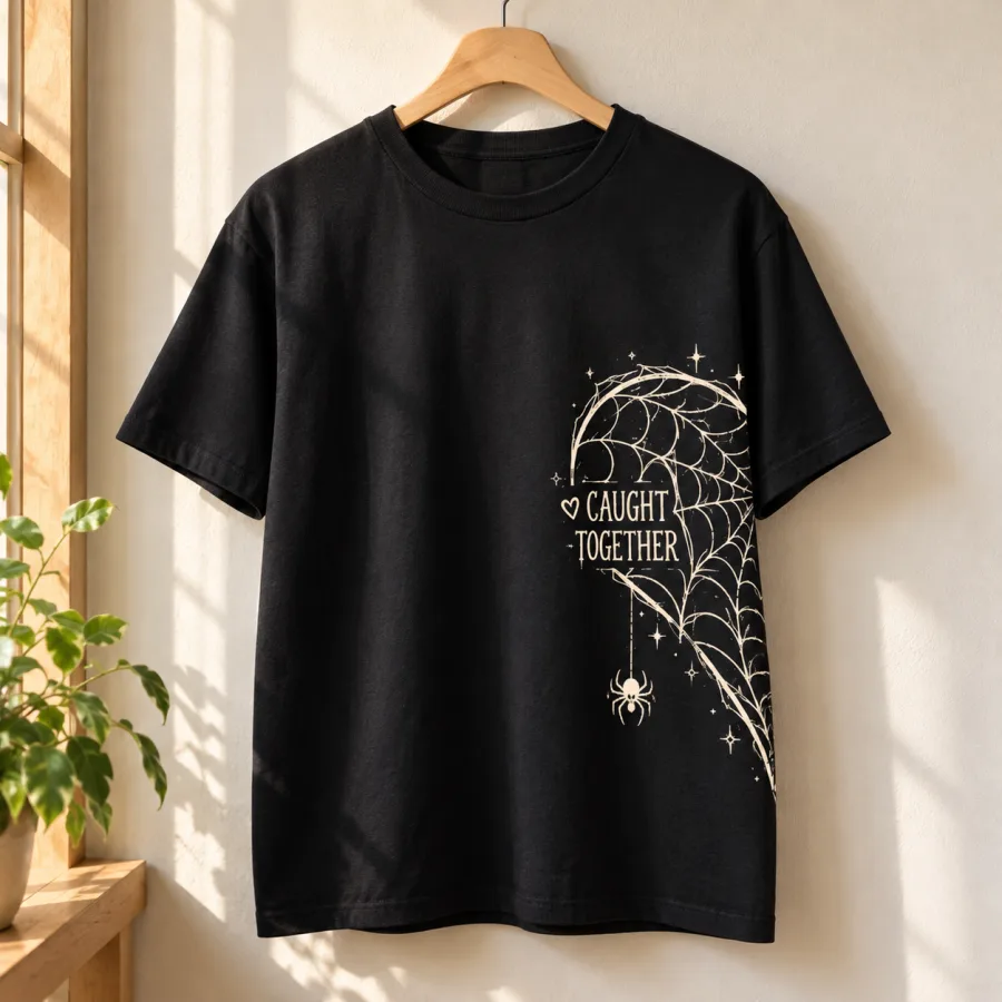 Black Couple Web Left unisex tee on wooden hanger showing cream half-heart spider web design