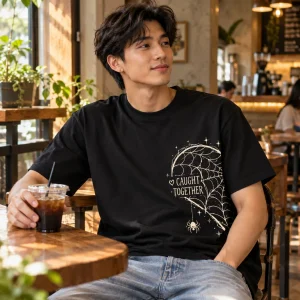 Lifestyle photo of model wearing black Couple Web Left spider Halloween couple shirt in a cozy casual setting