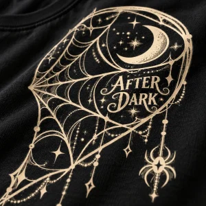 Close-up of cream Couple Web Right spider web print, tiny moon and AFTER DARK lettering on textured black tee fabric