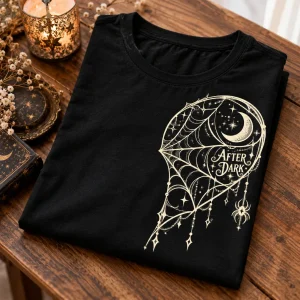 Folded Black Women's Couple Web Right matching halloween spider shirt showing cream heart-web artwork and AFTER DARK lettering