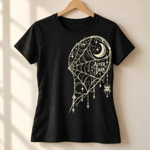 Black Women's Couple Web Right matching halloween spider shirt displayed on a wooden hanger with cream spider web print visible