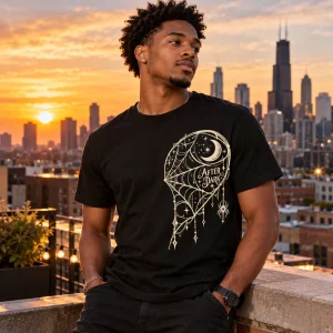 Lifestyle view of Couple Web Right matching halloween spider shirt with cream half-heart web artwork clearly visible