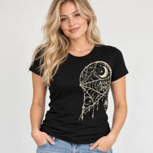 Woman wearing Black Couple Web Right matching halloween spider shirt with cream side web, tiny moon and AFTER DARK artwork