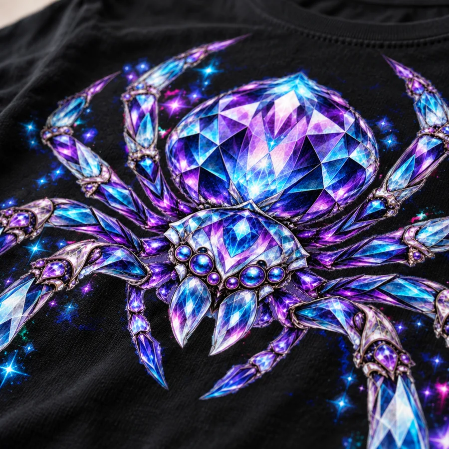Close-up of faceted crystal spider legs and white sparkle highlights