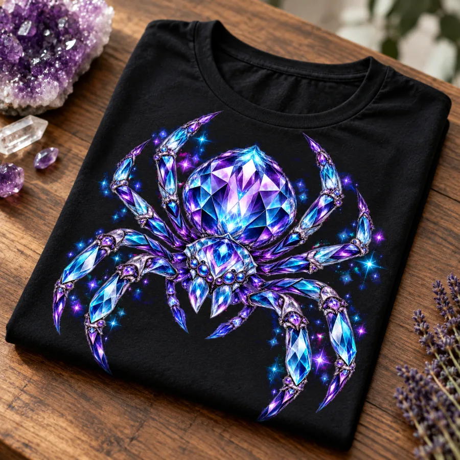 Folded black Crystal Spider shirt showing the violet and cyan print
