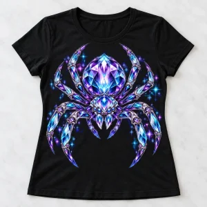 Front flat lay of black Crystal Spider shirt with faceted gemstone spider