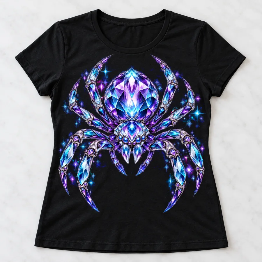 Front flat lay of black Crystal Spider shirt with faceted gemstone spider