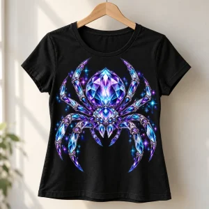 Black Crystal Spider women's tee on a velvet hanger