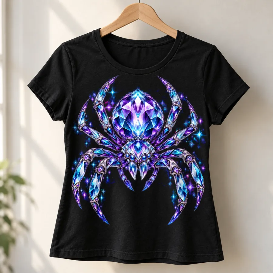 Black Crystal Spider women's tee on a velvet hanger