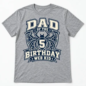 Front flat lay of Heather gray Dad Of The Web Kid spider birthday dad shirt with navy and cream number 5 crest