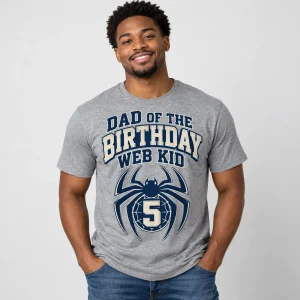 Black male model wearing Heather gray Dad Of The Web Kid spider birthday dad shirt with front crest visible